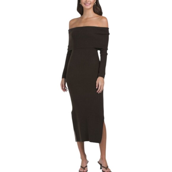 ELIE TAHARI Cashmere Long Sleeve Off Shoulder Rib Midi Dress - Picture 1 of 2